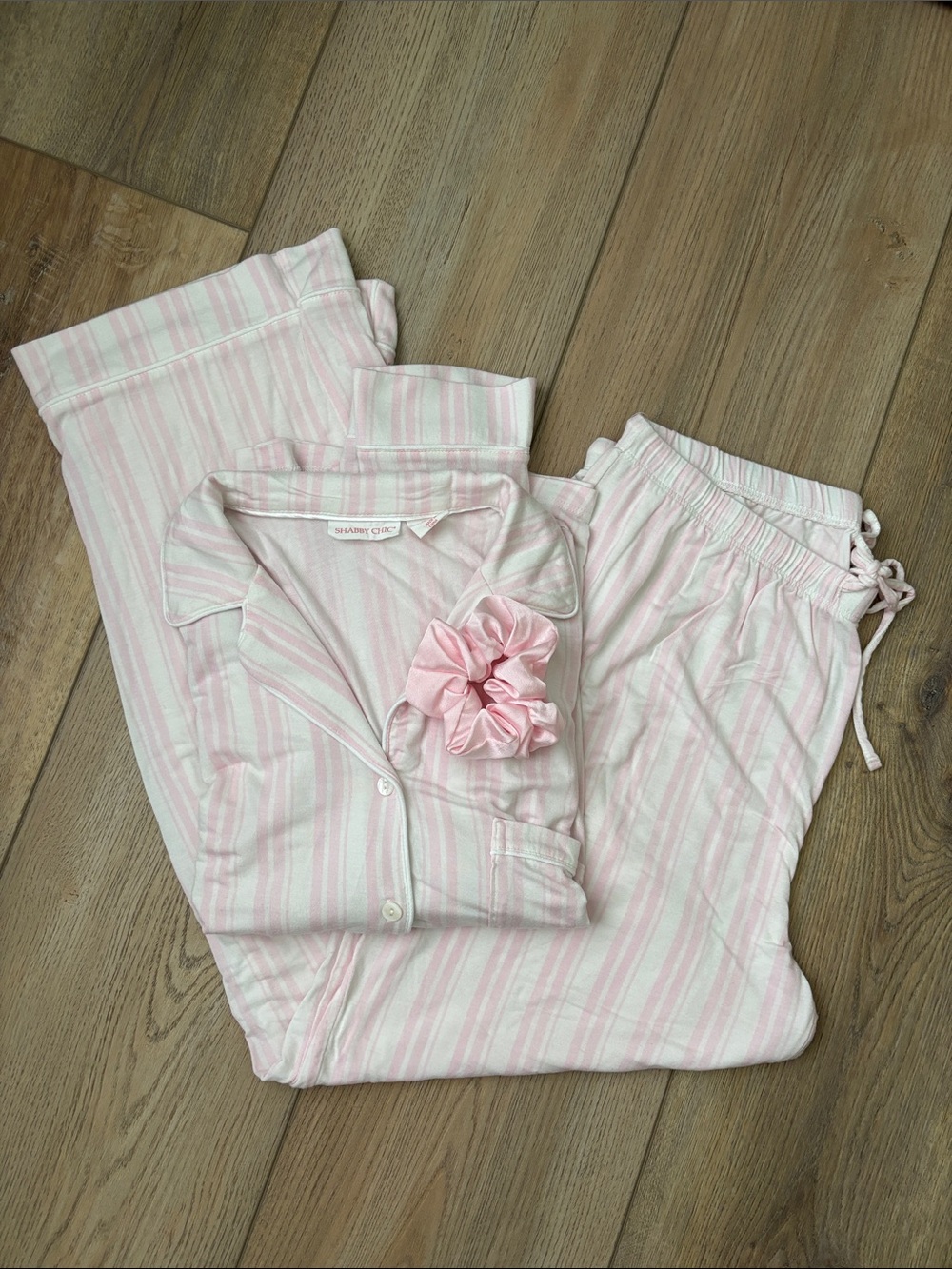 Shabby Chic Pink/White Stripe Long Sleeve Pajama 3 Piece Set Size L Cottagecore